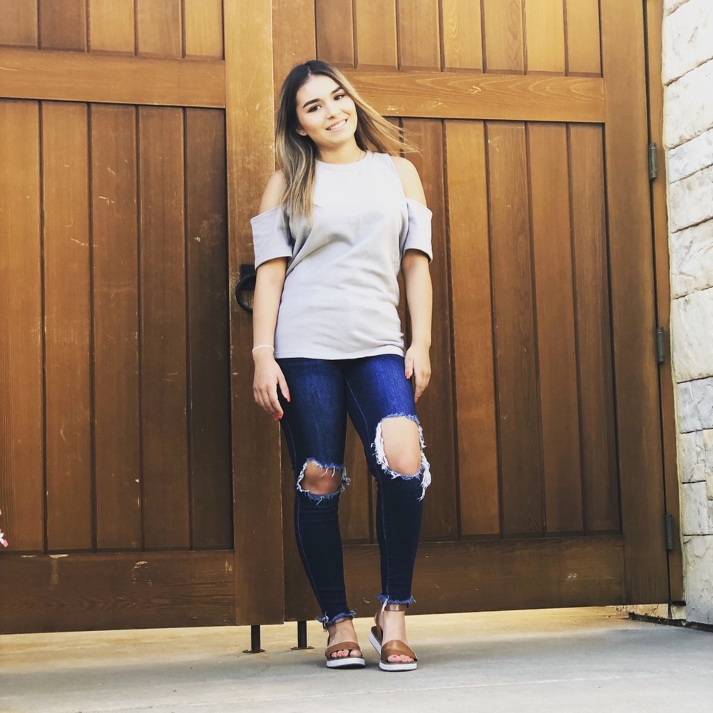 Grey stone cold shoulder top